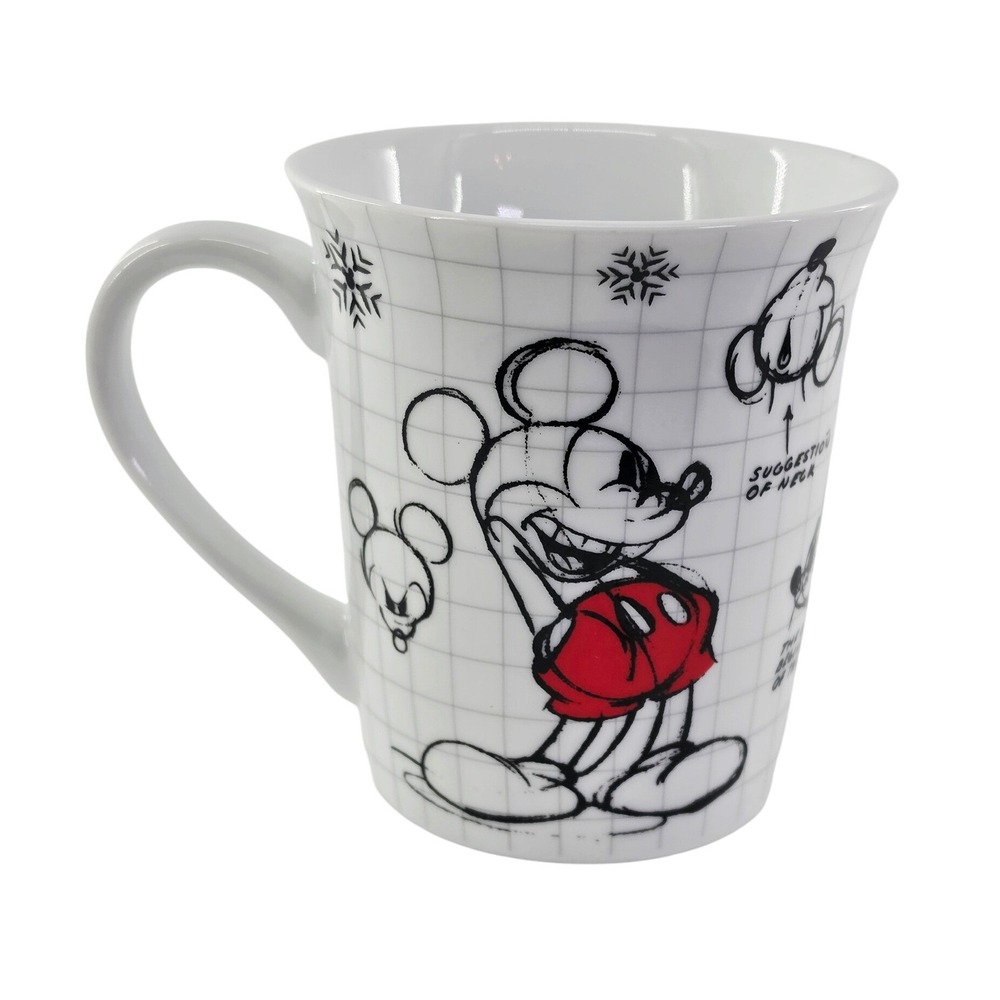 Disney Mickey Mouse Animation Sketch Christmas Coffee Mug Grid Pattern White Red - Picture 3 of 4